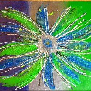Shango Art  "Abstract Flower"  Blue & Green & Silver  16x20x1"  Original